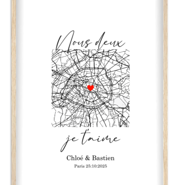 Affiche couple Notre première rencontre en carte — affiche encadrée personnalisée, imprimée en France