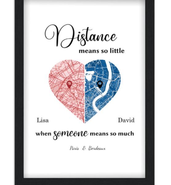 Affiche couple et distance Double carte — affiche encadrée personnalisée, imprimée en France