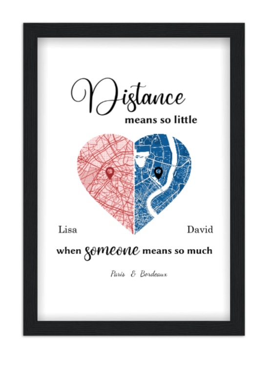 Affiche couple et distance - Double carte Affiche couple et distance Double carte — affiche encadrée personnalisée, imprimée en France