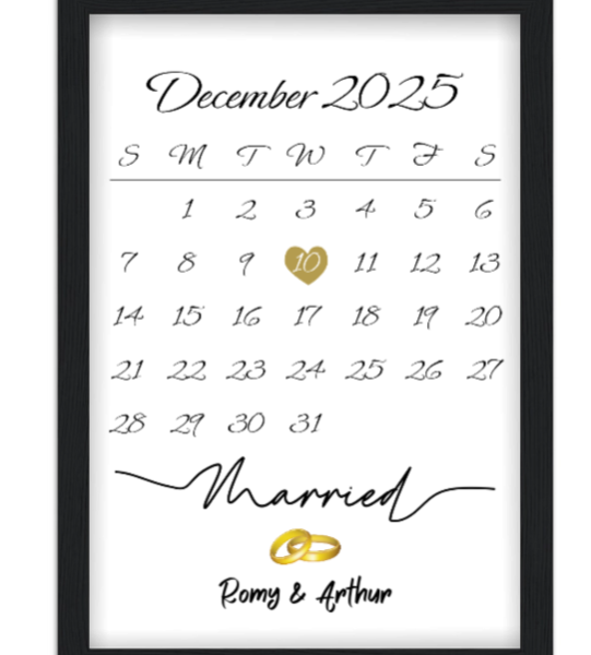 Affiche couple mariage Date et calendrier — affiche encadrée personnalisée, imprimée en France