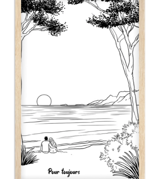 Affiche couple line art Coucher de soleil — affiche encadrée personnalisée, imprimée en France